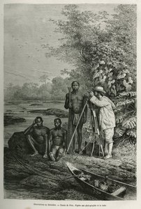 Observação no teodolito, Dr. Crevaux com seus instrumentos de medição e sua equipe de guias e carregadores, em sessão de trabalho completa, gravando depois de um desenho de Riou, para ilustrar a história De Cayenne aux Andes, de Jules Crevaux, médico da ma de Edouard Riou