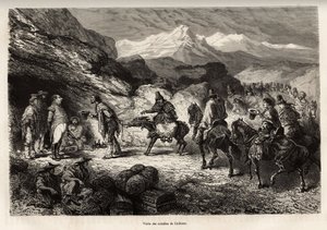 P.Marcoy encontra um amigo, que se tornou coronel do génio e poste numa gruta situada perto do lago de Cailloma, juntos recebem a visita dos notáveis da cidade, gravada após um desenho de E.Riou, ilustrando a viagem nas montanhas, o Huarancalqui v de Edouard Riou