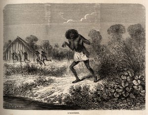 O pânico entre os índios Conibos, que fugiram à chegada da expedição de Paul Marcoy, perto de Tumbaya (Peru), ele próprio vítima de um encantamento maligno de um velho índio, desenhado por Riou para ilustrar a viagem, de 1848 a 1860, de P. Marcoy, a partir de Edouard Riou