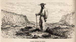 Paul Marcoy exumant des mummies Incas (Bas Peru), gravura de E.Riou ilustrando a viagem nas montanhas, o vale de Huarancalqui e as regiões do Pjonal, de 1862 a 1863, de Paul Marcoy, publicada em "Le tour du monde" 1875, editada por Edou de Edouard Riou