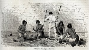 Paul Marcoy aprendeu a fazer um tapete com as viúvas de Sarayacu (Peru), desenho de Riou, para ilustrar a viagem de Paul Marcoy do Oceano Pacífico para o Oceano Atlântico de 1848 a 1860. Gravura em "Le tour du monde", editado por Edouard Charton de Edouard Riou