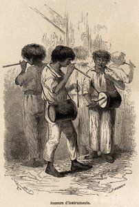 Tocadores de instrumentos musicais em Sarayacu (Peru), desenhados por Riou, para ilustrar a viagem de Paul Marcoy do Oceano Pacífico para o Oceano Atlântico de 1848 a 1860. Gravura em "Le tour du monde", editado por Edouard Charton de Edouard Riou