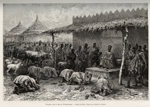 Recepção na naba Sanem, do reino muçulmano (ou Mosse) de Waghadougou (Ouagadougou, Burkina Faso). Gravura de Riou, para ilustrar a história "From Niger to the Gulf of Guinee" do Capitão Louis Gustave Binger (1856-1936), em 1887-1889, em Le tou de Edouard Riou