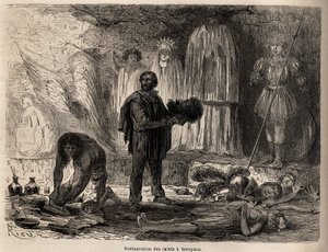 Restauração de estátuas de santos em Sarayacu (Peru), desenho de Riou, para ilustrar a viagem de Paul Marcoy do Oceano Pacífico para o Oceano Atlântico de 1848 a 1860. Gravura em "Le tour du monde", editado por Edouard Charton de Edouard Riou