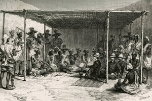 Assinatura do tratado que colocou o país de Kita (antigo Sudão francês, actual Mali) sob o protectorado da França em 25 de Abril de 1880 entre o Comandante Joseph Gallieni (1849-1916) e Tokontan Keita. Gravado por Riou, com base num esboço da au de Edouard Riou