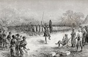 Sir Henry Morton Stanley assistindo a uma falange dançar pelos guerreiros de Mazamboni em Usiri, 1890 (gravura em madeira) de Edouard Riou