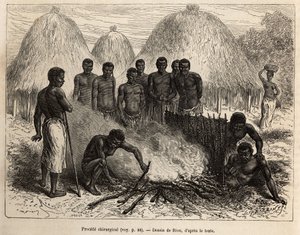Método cirúrgico usado para curar fraturas, o ferido é sentado em um buraco, a perna é banida por uma folha, depois o poço é preenchido com lama e coberto com gemas que estão inflamadas e aquecem a fratura, o paciente é protegido por um tapete que serve co de Edouard Riou