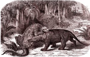 O Iguanodon e o Megalosaurus (gravura de Edouard Riou