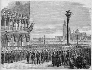 O Rei da Itália Victor Emmanuel II (Vittorio Emmanuel) (Vittorio Emanuele) em Veneza, na Praça de São Marcos. Após a derrota dos austríacos em Sadowa, Veneza foi recuperada para o Reino da Itália em 1866. Gravura depois de um sorteio de Crepon e Riou. Em " de Edouard Riou