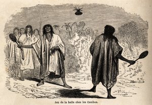 O jogo da bola, entre os conibus indianos do Peru, desenhado por Riou para ilustrar a viagem, de 1848 a 1860, de P. Marcoy, do Oceano Pacífico para o Oceano Atlântico. Gravura em "Le tour du monde", editado por Edouard Charton de Edouard Riou
