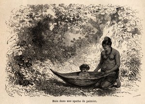 O banho da criança em uma folha de palmeira. Desenho de Riou, para ilustrar a viagem do Oceano Pacífico para o Oceano Atlântico de Edouard Riou