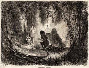A cozinha da olaria dos índios Conibo do Peru, com a presença de uma velha mulher que canta e dança ao redor do fogo para evitar que espíritos malignos venham tocar e quebrar a olaria, desenhada por Riou para ilustrar a viagem, de 1848 a 1860, de de Edouard Riou
