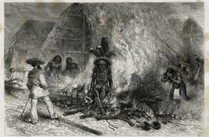 A cremação de um Roucouyenne (ou wayana), tribo que vive ao longo dos rios Mana e Maroni, de frente para o Bucher, Dr. Crevaux, gravada por Riou, para ilustrar a viagem de exploração no interior da Guiana pelo Dr. Jules Crevaux, médico da marinha francesa, de Edouard Riou