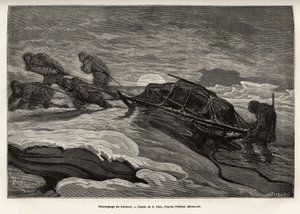 A tripulação do navio La Germania, descendo no gelo para uma caça de caça, procedeu ao reboque do seu trenó no gelo, à medida que o sol se punha, gravando após o desenho de E.Riou, ilustrando uma viagem ao Pólo Norte em 1869-1870, pelo capitão do navio La de Edouard Riou