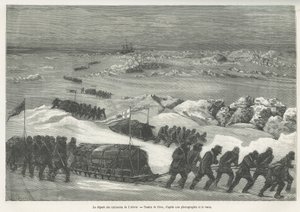 A partida dos trenós do Alerta, navio da expedição polar, desenhada por Riou, para ilustrar a história de uma viagem ao mar polar em 1875-1876, pelo Capitão G.S.Nares. Gravura em Le tour du monde de Edouard Riou