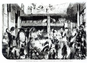 Véspera de partida para a América - emigrantes alemães que partem para os EUA na seção de pilotagem de um navio de cruzeiro americano no porto de Le Havre, c.1850 de Edouard Riou