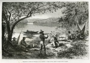 O acampamento dos exploradores, na confluência do Orenoque e do rio Cabullero. Gravura de Riou, para ilustrar a viagem de exploração por Nova Granada e Venezuela, do Dr. Crevaux, médico de primeira classe da marinha e E.Lejeanne, farmacêutico marinho. de Edouard Riou
