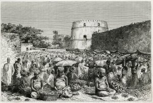 O mercado de frutas de Zanzibar (Tanzânia). Gravura de Riou, para ilustrar a história "Journey to the Benadir, the Omalis and the Bayoun", em 1882- 1883, de M.G.Revoil. Publicado na revista Le Tour du monde, nouveau journal des voyages. de Edouard Riou