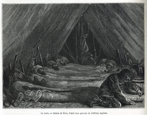 O interior da tenda no bloco de gelo, desenhado por Riou, para ilustrar a história de uma viagem ao mar polar em 1875-1876, pelo Capitão G.SNares (1831-1915). Gravura em Le tour du monde de Edouard Riou