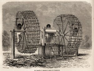 O moinho para moer cana de açúcar de Sarayacu (Peru), desenhado por Riou, para ilustrar a viagem de Paul Marcoy do Oceano Pacífico ao Oceano Atlântico de 1848 a 1860. Gravura em "Le tour du monde", editado por Edouard Charton de Edouard Riou