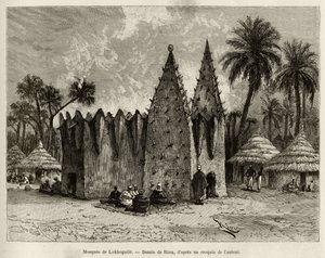 A mesquita de Lokhognile (Golfo de Guinee). Gravado por Riou, para ilustrar a história "From Niger to the Gulf of Guinee" do Capitão Louis Gustave Binger (1856-1936), em 1887-1889, em Le tour du monde, nouveau journal des voyages, sob a direcção de de Edouard Riou