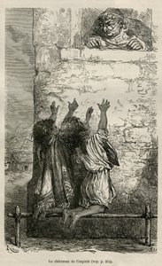 O castigo do impetuoso, duas crianças estão ajoelhadas num poste colocado em cavilhas e assistidas no seu tormento pela paróquia da aldeia, desenhada por E.Riou, para ilustrar a viagem na região de Titicaca e nos vales do leste do Baixo Peru, i de Edouard Riou