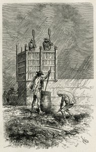 O tapial, uma técnica antiga de construção de paredes de barro usando uma cofragem de madeira, compacta por encravamento e seca pelo sol, gravada por Riou, para ilustrar a história L