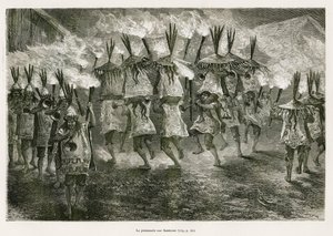 A lanterna caminha pelas ruas de San José, desenhada por E.Riou, para ilustrar a viagem na região de Titicaca e nos vales do leste do Baixo Peru, em 1873 por Paul Marcoy. Gravura em Le tour du monde de Edouard Riou