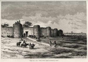 A cidade de Tiong-Gi (Tiong Gi, Mali), com as suas fortificações e torres de barro. Gravura de Riou, para ilustrar a história "From Niger to the Gulf of Guinee" do Capitão Louis Gustave Binger (1856-1936), em 1887-1889, no Le tour du monde, nouveau journal de Edouard Riou