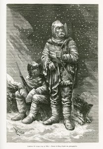 O fato de viagem do Tenente Payer e do Tenente Weyprecht, várias espessuras de roupa para combater as tempestades de neve, um casaco de couro retráctil para proteger o rosto da geada, botas e luvas feitas de véu e flanela e óculos pesados. Gravação af de Edouard Riou