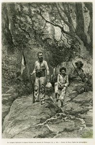 O viajante a hastear a bandeira tricolor para as fontes do Orenoque. Gravura de Riou, para ilustrar a história Voyage aux sources de l