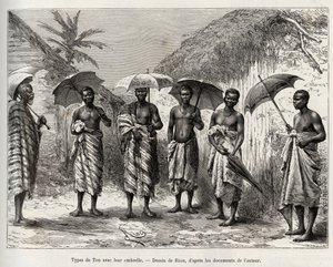 Tipo de tom com o guarda-chuva deles. Gravado por Riou, para ilustrar a história "From Niger to the Gulf of Guinee" do Capitão Louis Gustave Binger (1856-1936), em 1887-1889, em Le tour du monde, nouveau journal des voyages, sob a direcção de Edouard Char de Edouard Riou