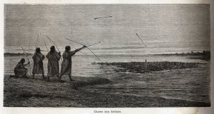A caça de tartarugas, entre os conibos índios do Peru, desenhada por Riou para ilustrar a viagem, de 1848 a 1860, de P. Marcoy, do Oceano Pacífico para o Oceano Atlântico. Gravura em "Le tour du monde", editado por Edouard Charton de Edouard Riou