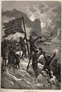 A tripulação de Tyson, após vários dias à deriva num iceberg, finalmente viu um baleeiro e agitou a bandeira americana para ser vista e salva, gravada após um desenho de E.Riou, ilustrando a história da Polaris, jangada de gelo, pelo Tenente Tyson, em 1870 de Edouard Riou