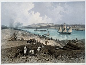 Vista do canal em "Inauguração do Canal de Suez por G. Nicole". 1869 de Edouard Riou