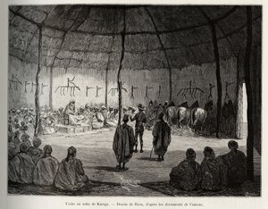 Visita à Naba de Karaga (Gana). Gravação de Riou, para ilustrar a história "From Niger to the Gulf of Guinee" do Capitão Louis Gustave Binger (1856-1936), em 1887-1889, em Le tour du monde, nouveau journal des voyages, sob a direcção de Edouar de Edouard Riou