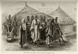 Mulheres de Samory Toure (cerca de 1835-1898), chefe de guerra do círculo do Níger e seu supervisor, Sonninke, que sabe ler e escrever em árabe, como prova o papel que ele segura na mão. Gravura de Riou, para ilustrar a história "From Niger to the Gulf de Edouard Riou