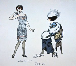 Manequim mostrando um deslize para um cliente, c.1912 (cor litho)