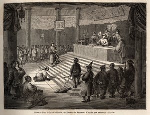 Um tribunal chinês, o acusado aparece no tribunal rodeado por um gendarme que o mantém acorrentado e seu açougueiro, desenhado por Vaumort (? -1886), para ilustrar a viagem de Xangai a Moscou, de 1859 a 1862, de M. de Bourboulon, ministro francês a Ch