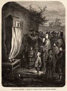 Um teatro móvel de sombras chinesas, num passeio por Pequim, desenho de Vaumort (? -1886), para ilustrar a viagem de Xangai a Moscovo, de 1859 a 1862, de M. de Bourboulon, ministro francês à China. Gravura em "Le tour du monde", editado por Edouar