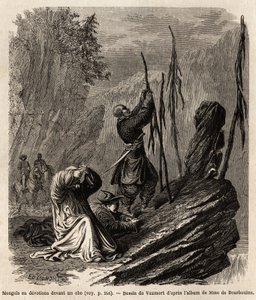 Mongóis em devoção a um obo, perto das montanhas Bakka e Mongólia, desenhados por Vaumort (? -1886) para ilustrar a viagem de Shangai a Moscovo, de 1859 a 1862, de M. de Bourboulon, ministro francês à China. Gravura em "Le tour du monde", editar