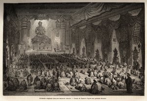 Cerimônia religiosa em um lamasserie chinês, desenho de Vaumort (? -1886), para ilustrar a viagem de Shangai a Moscou, de 1859 a 1862, de M. de Bourboulon, ministro francês à China. Gravura em "Le tour du monde", editado por Edouard Charton