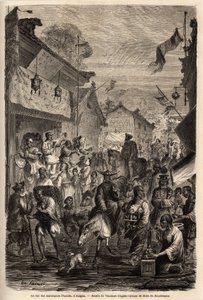 A rua dos comerciantes de roupa, Kalgan, Mongólia. Desenho de Vaumort (? -1886), para ilustrar a viagem de Shanghai a Moscovo, de 1859 a 1862, de M. de Bourboulon, ministro francês à China. Gravura em "Le tour du monde", editado por Edouard Chart