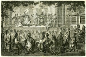 Vista de uma representação da Ópera de Pekin (Pequim), China, após a história de viagem de Madame de Bourboulon. Gravura após um desenho de Vaumort, em "Le Tour du Monde, Nouveau journal des Voyages", editado por Edouard Charton, Paris