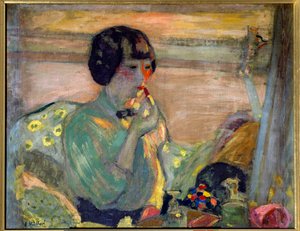 A comediante francesa Marthe Mellot (1870-1947) vestindo maquiagem, século 20. Paris, Comedy of the Champs Elysees (óleo sobre tela) de Edouard Vuillard