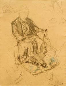 Madame Bénard sentada com os pés apoiados em uma almofada de Edouard Vuillard