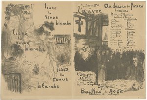 Omslag programmaboekje met advertentie voor La Revue Blanche en aankondiging van toneelstuk Au-dessus des forces humaines
Leia a revista branca Above the Human Forces de Edouard Vuillard
