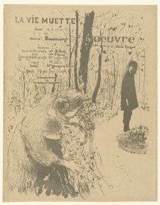 Capa para livreto do programa com mulher com dois filhos e homem no parque para jogar La vie muette com lista de papéis e atores La vie muette de Edouard Vuillard