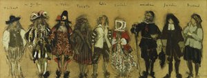 Estude para figurinos de nove atores em "La Coupe Enchantee" para Jean de la Fountaine; Estudos de Figurino para os Novos Personagens da Taça Encantada de Jean de la Fontaine, 1918 de Edouard Vuillard