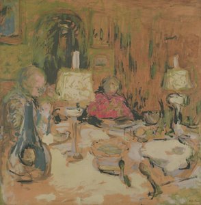O Jantar com Duas Lâmpadas, rue de Calais, 1913 (cinomose em papel pardo) de Edouard Vuillard